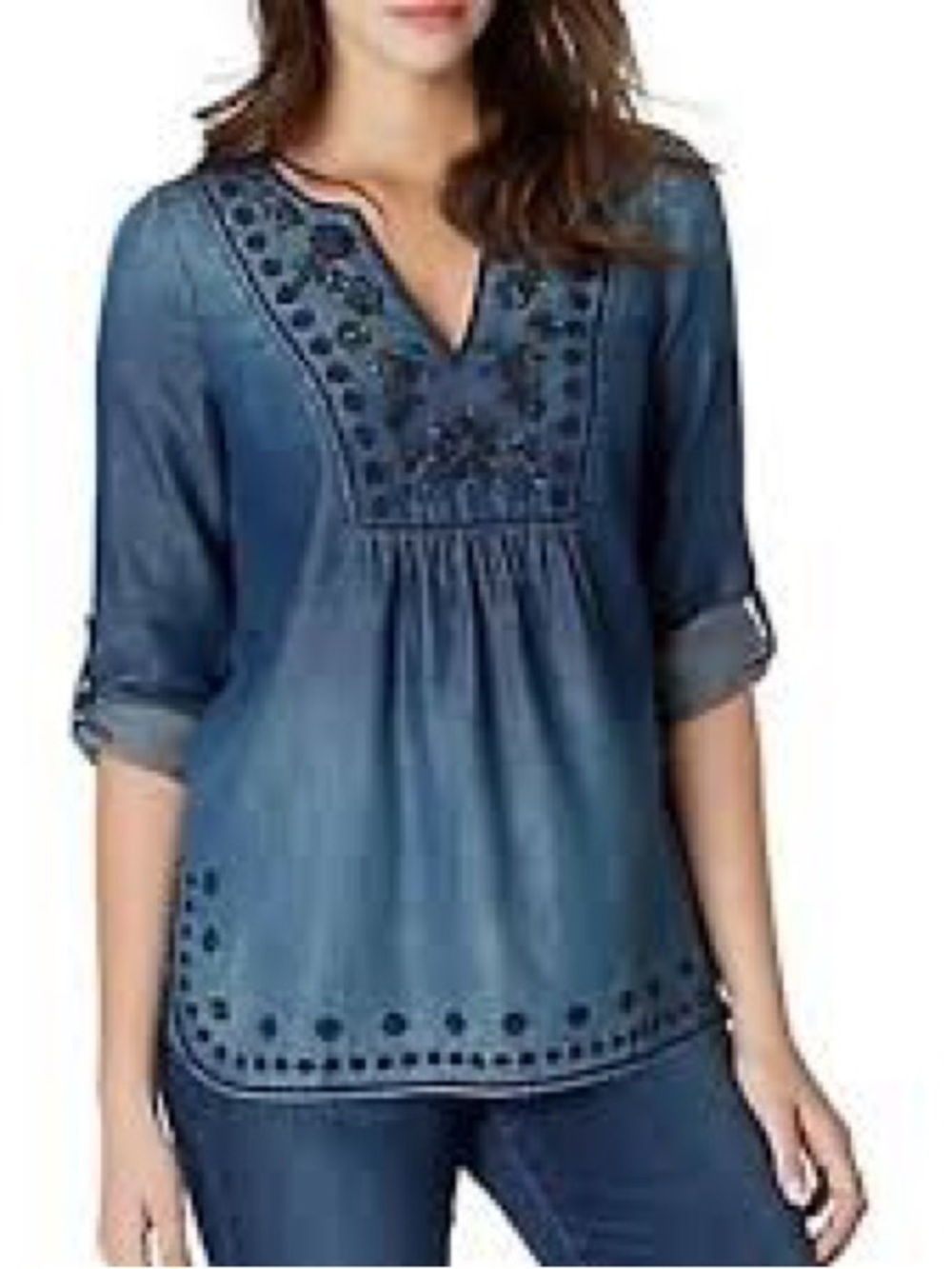 Vintage America Blues Anita Embroidered Chambray Boho top. Medium